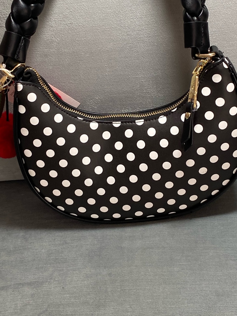 Betsey Johnson Black & White Polka Dot Shoulder Bag with Red Pom - Picture 5 of 14
